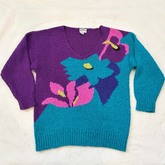 Vintage 80s Campus Casuals Teal Purple Knit Bold Floral Pullover Top Sweater S - Picture 8 of 8